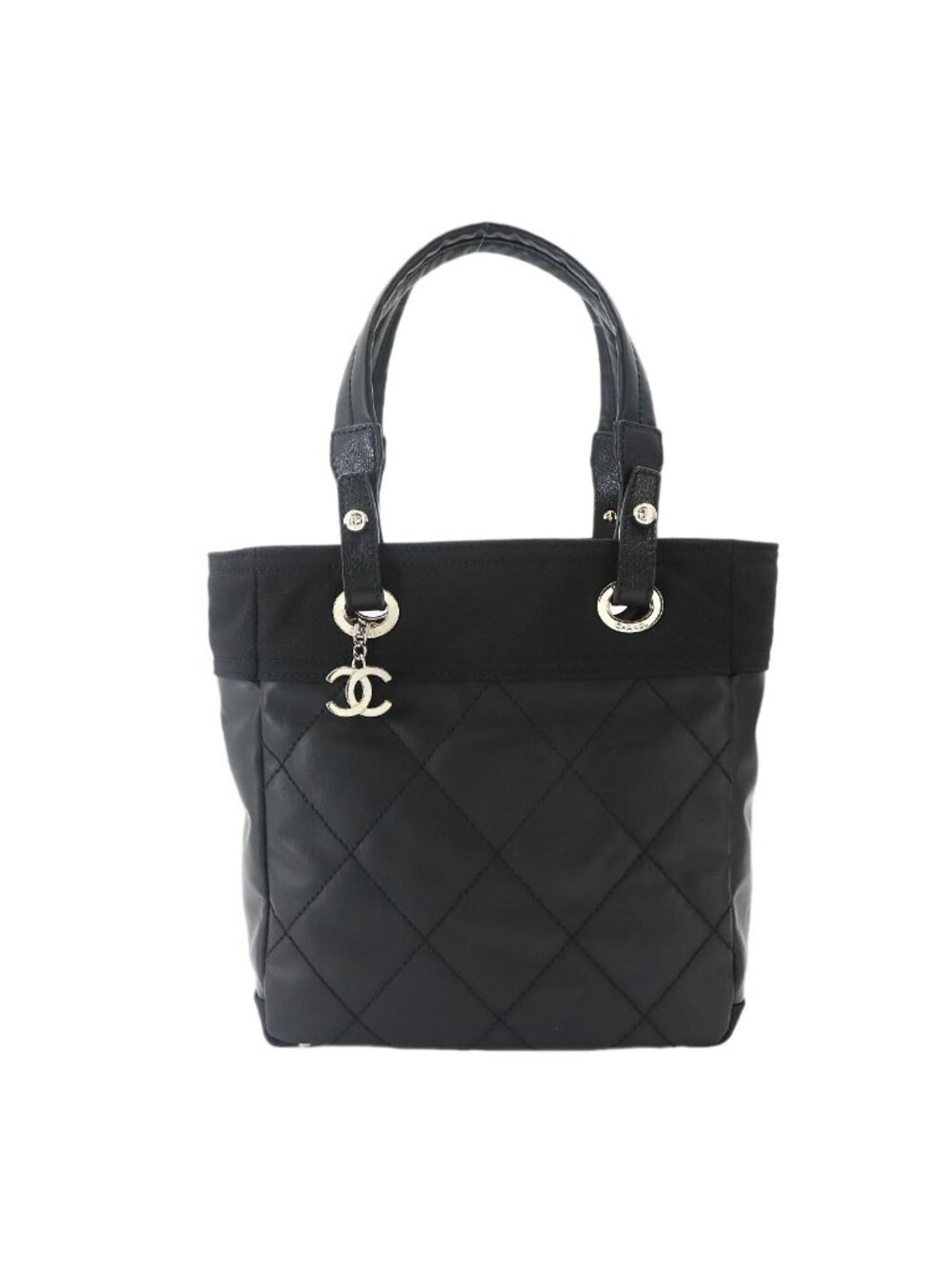 Chanel Paris Biarritz PM Tote Nylon Leather Black Silver